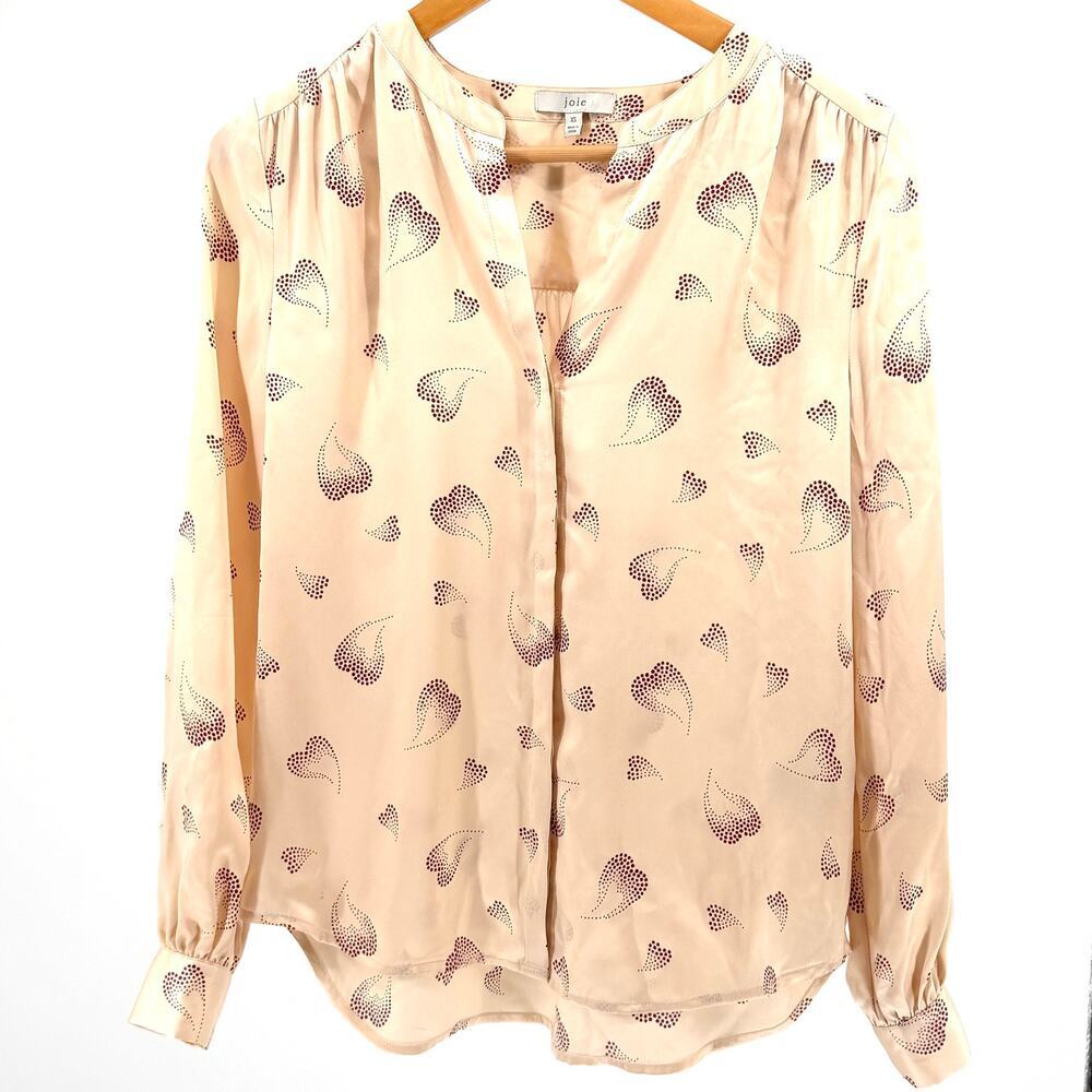 Joie 100% Silk Heart Print Purine V-Neck Long Sleeve Blouse
